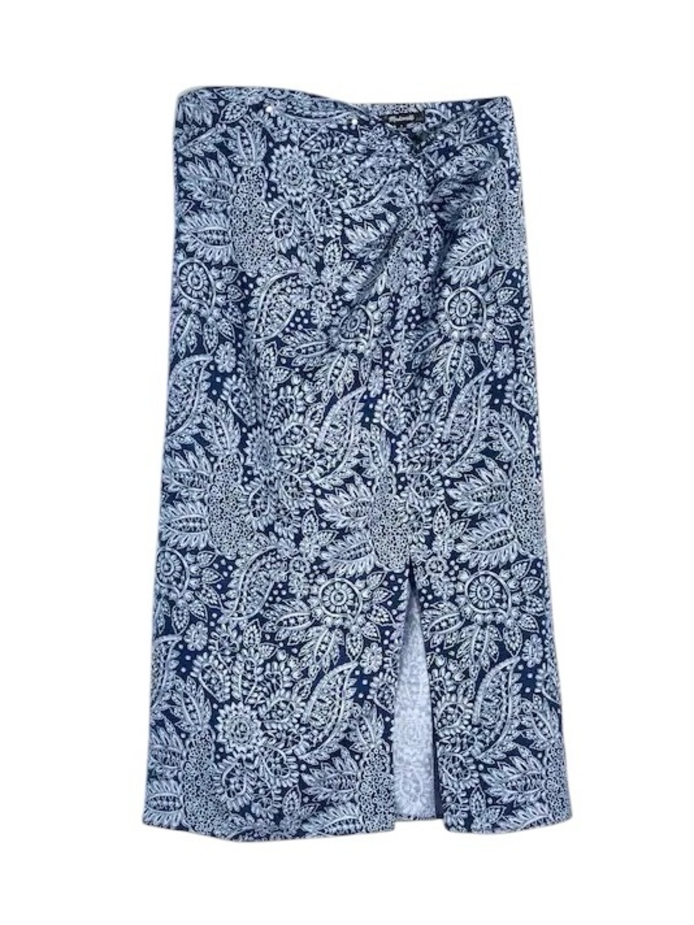 Madewell Linen Blend Knotted Midi Skirt Blue Paisley Coastal Summer Size 8